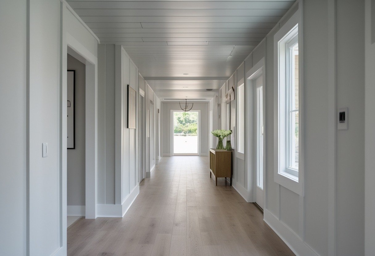 A bright hallway with a pale gray shiplap ceiling, neutral walls, hardwood floor, and simple decor.