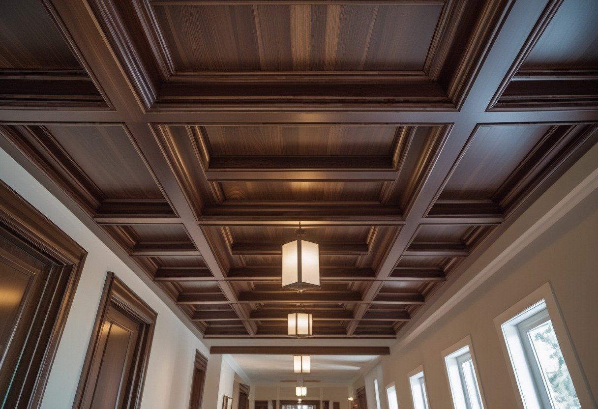 A hallway with a coffered ceiling featuring dark walnut stained wood panels and neutral-colored walls.