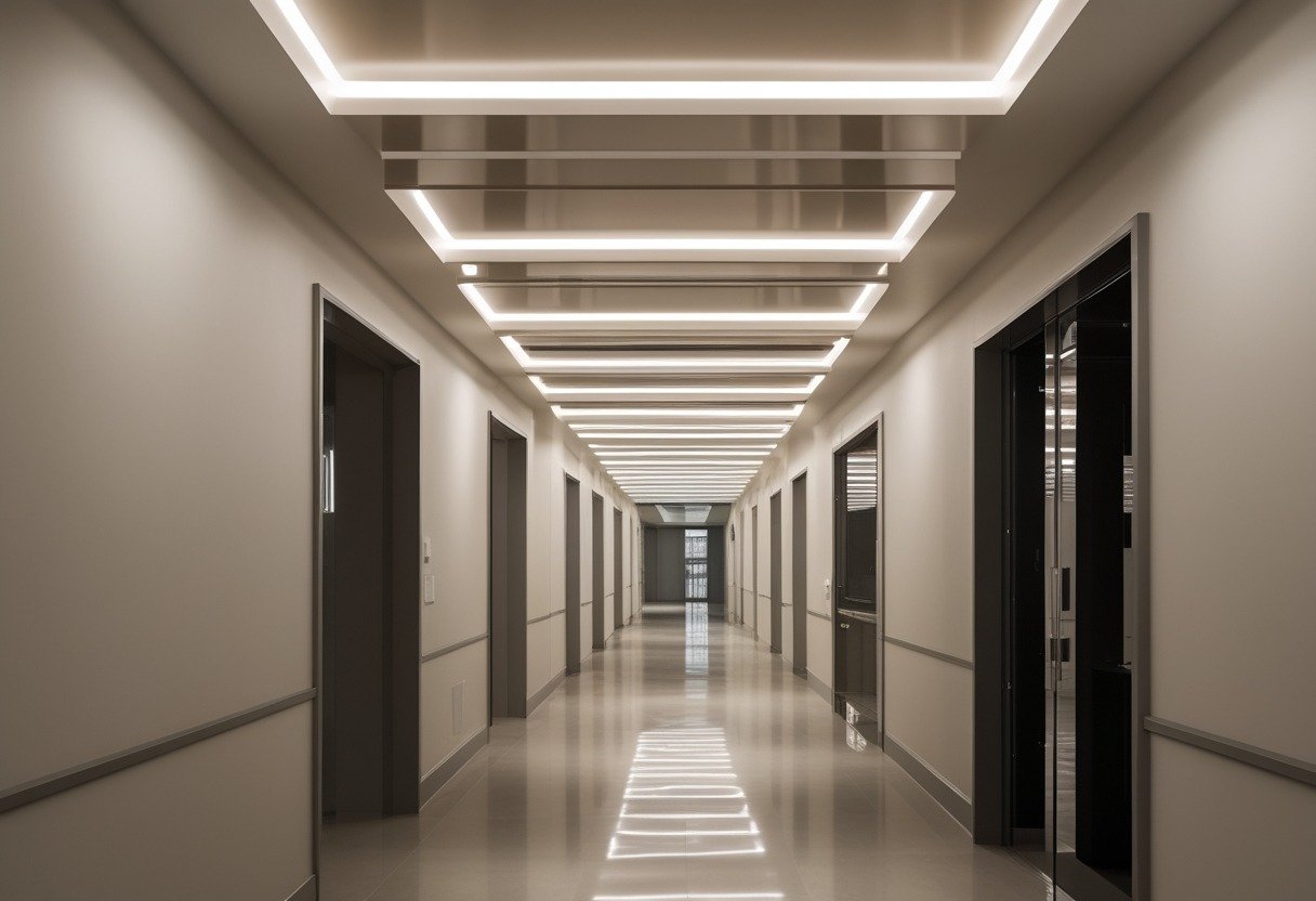 A modern hallway with a smooth ceiling featuring evenly spaced diffuse backlit panels illuminating the space.