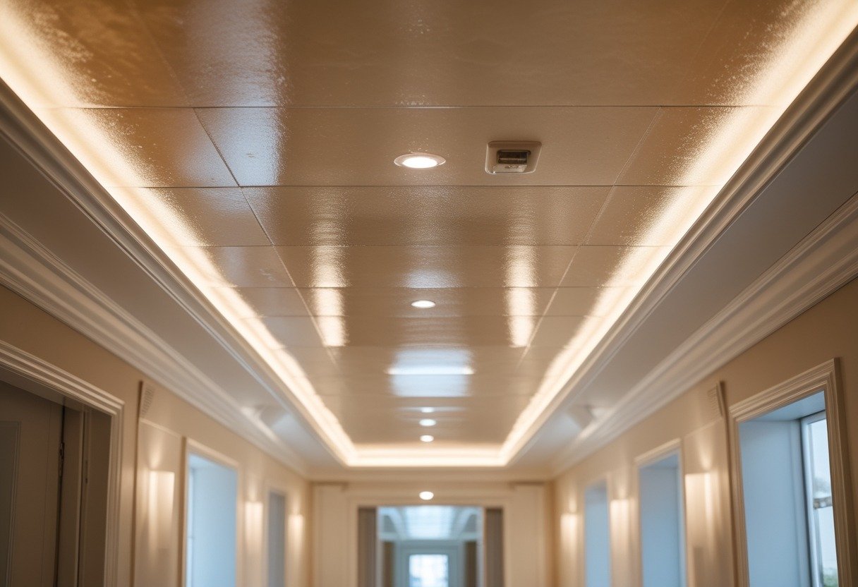 A hallway ceiling with a smooth, glossy beige finish and soft lighting highlighting its texture.