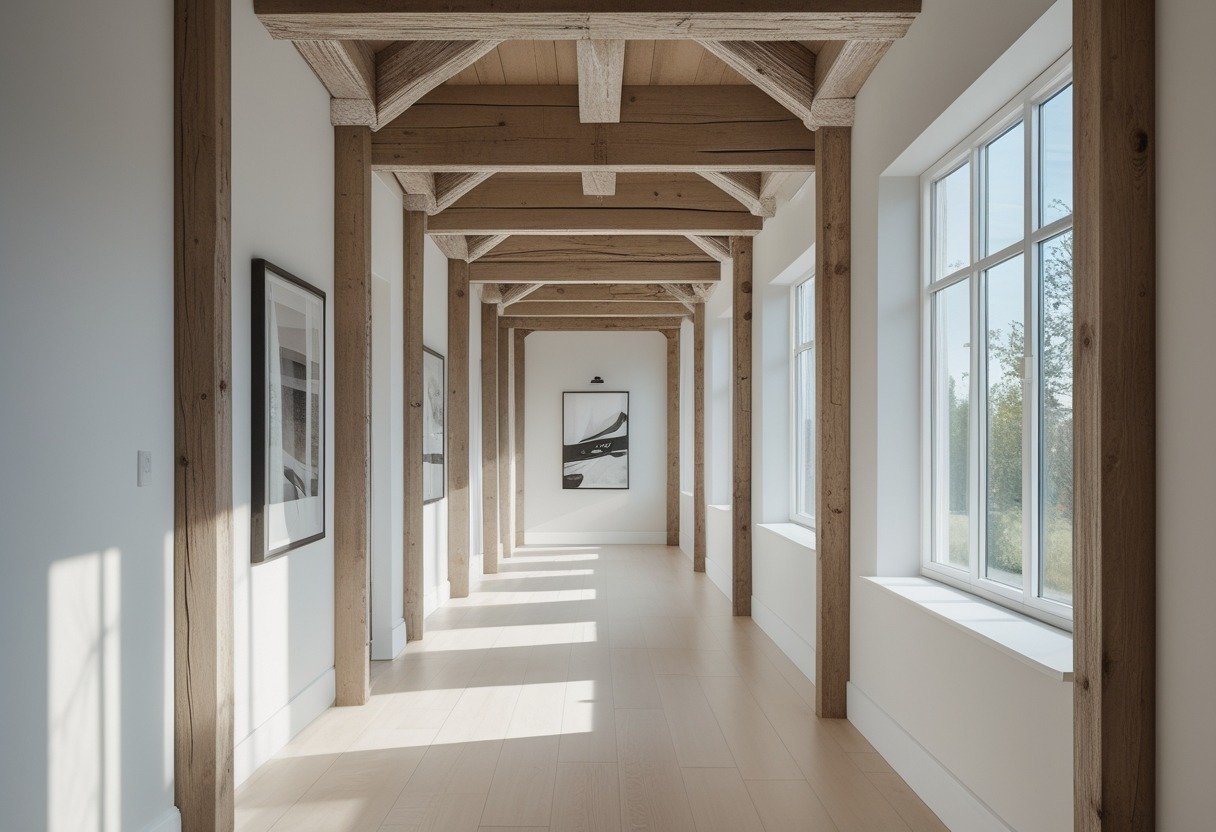 A hallway with exposed whitewashed timber beams on the ceiling and light-colored walls and floor.