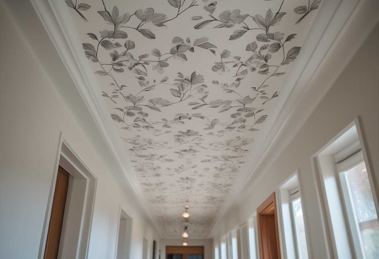 Hallway with a ceiling covered in subtle botanical wallpaper and soft natural lighting.