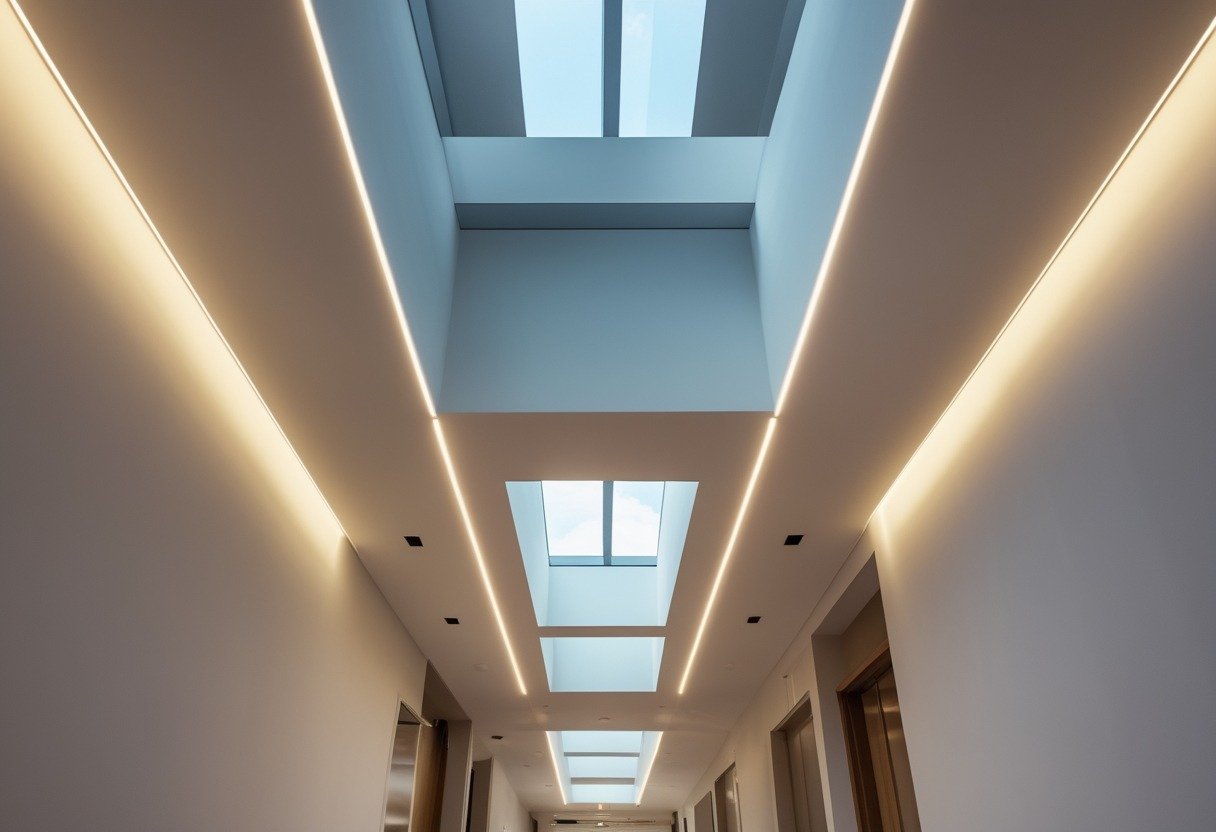 A hallway with a ceiling featuring slim recessed cove lighting and a skylight letting in natural light.