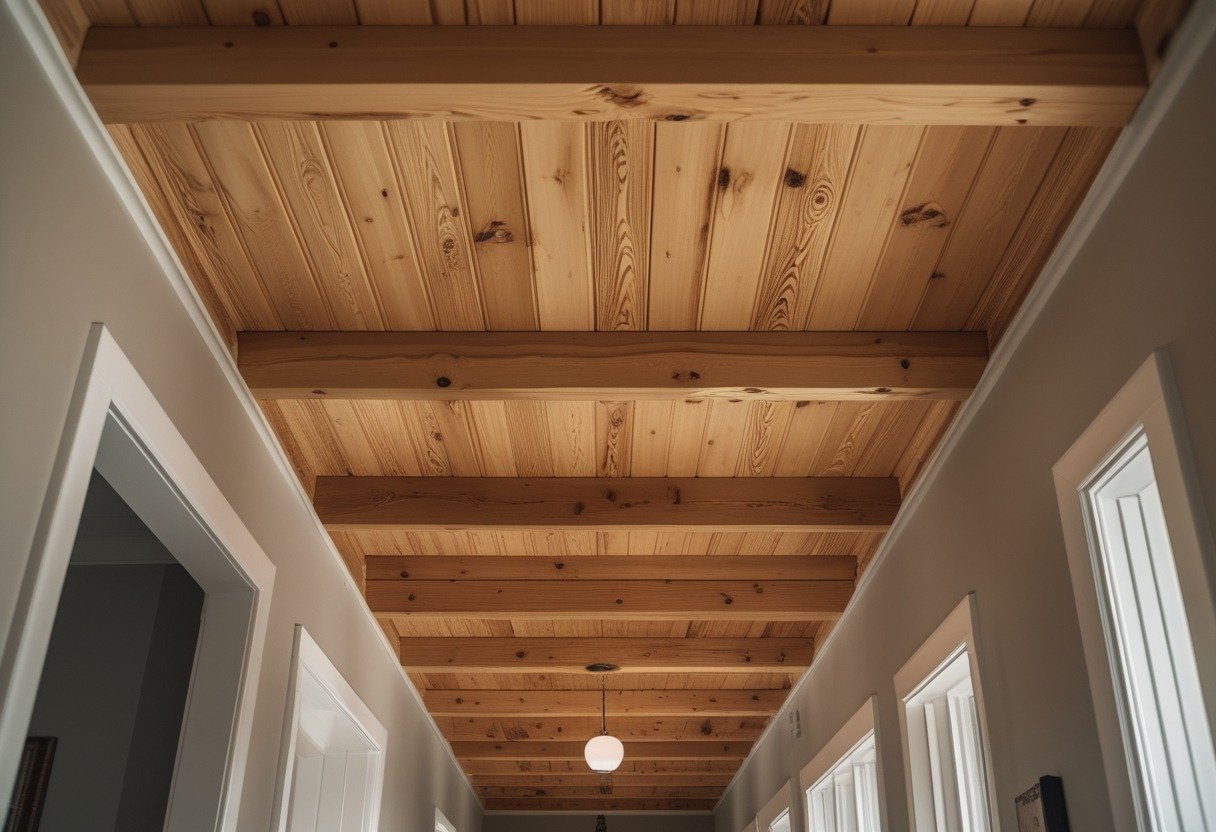 A hallway with a ceiling made of honey oak stained wooden planks arranged in a tongue-and-groove pattern.
