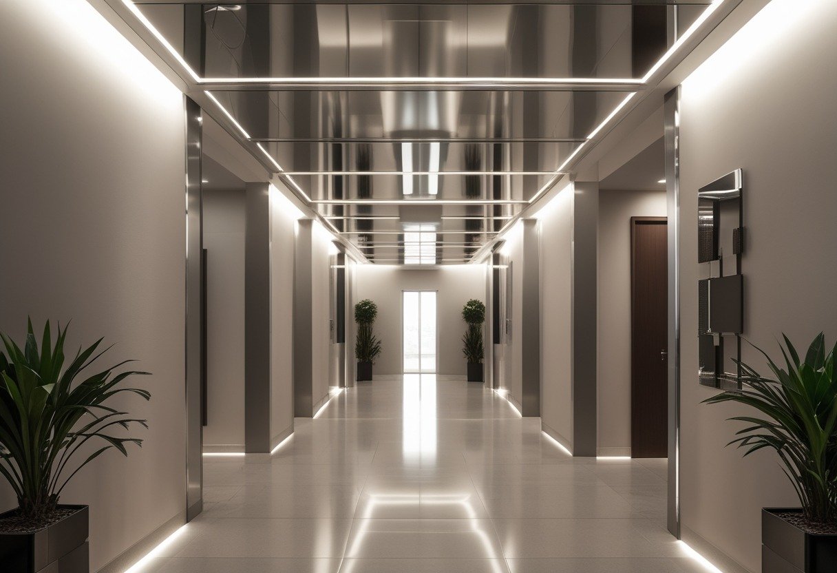 A hallway with mirrored ceiling panels reflecting the light, neutral walls, and polished floor.