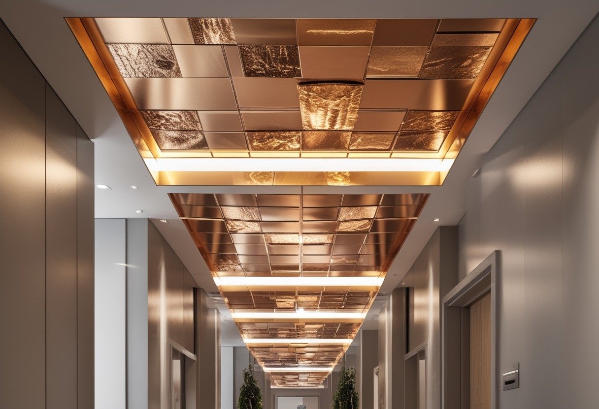 A hallway ceiling decorated with gold and copper metallic leaf accent panels and soft lighting.