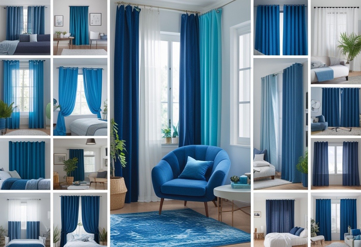 A bedroom displaying twelve different styles of blue curtains in various shades and fabrics around a cozy bed.