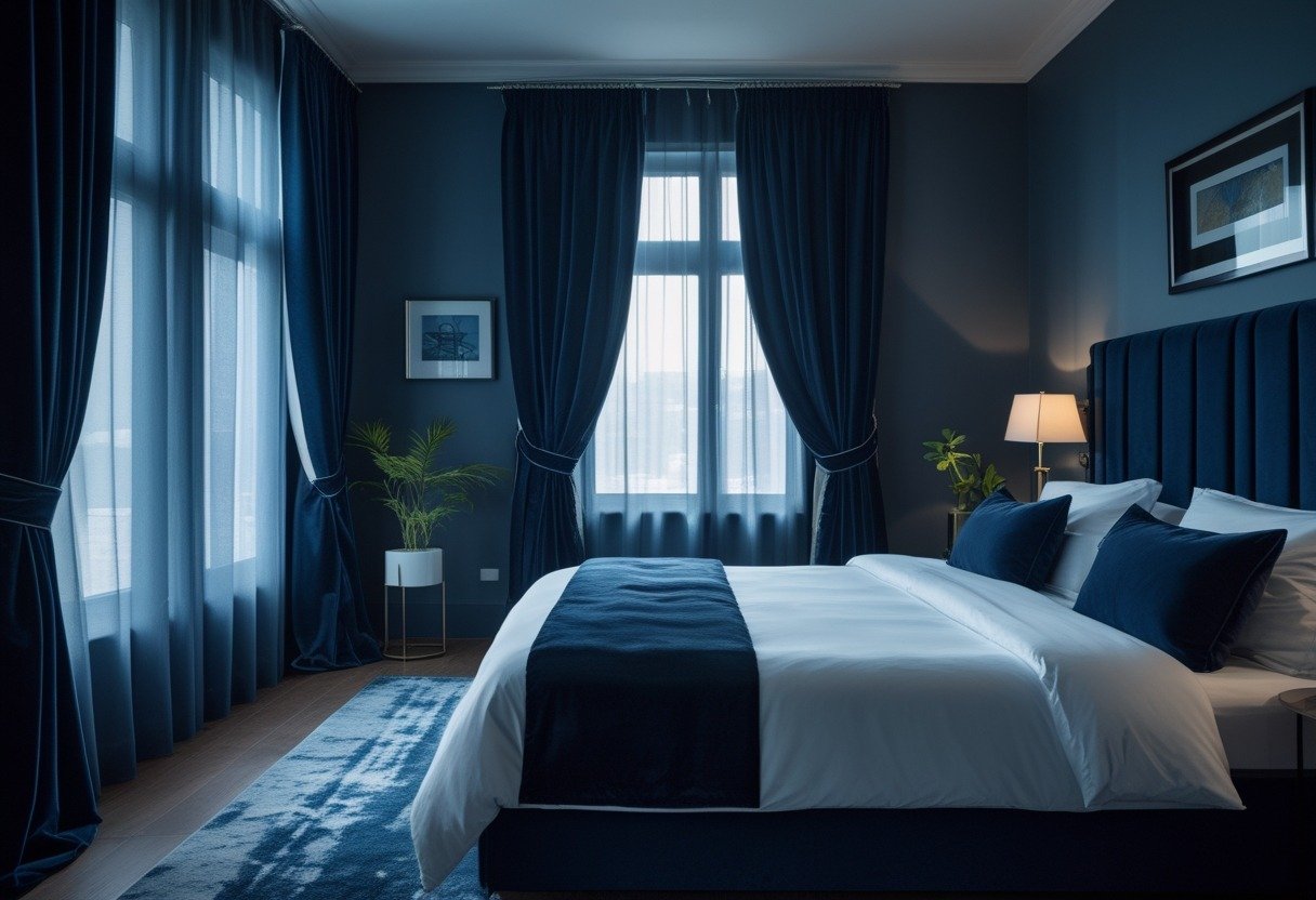 A bedroom with navy blue velvet curtains covering the windows, a large bed with white bedding, and a bedside table with a lamp.
