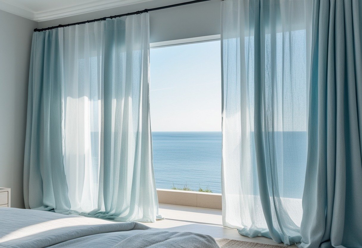 A bright bedroom with layered powder-blue and white curtains letting in natural light through a large window.