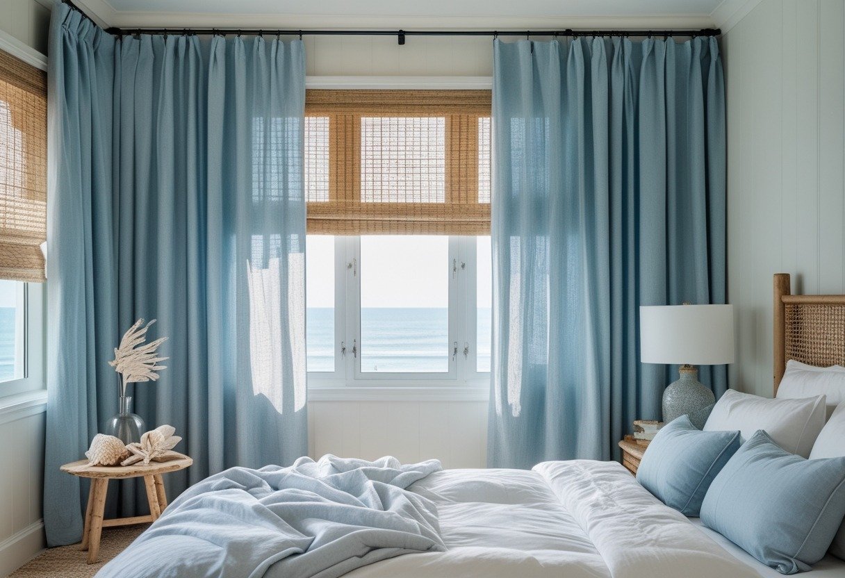 Bedroom with sky-blue linen curtains and rattan blinds letting in soft natural light over a neatly made bed.