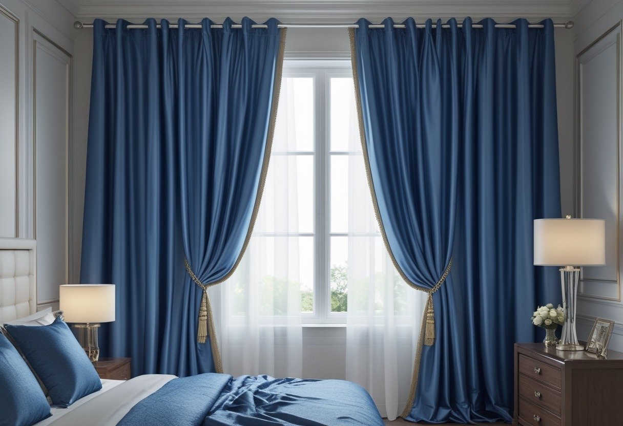 A bedroom with royal blue silk curtains hanging by a window, a bed, and a nightstand with a lamp.