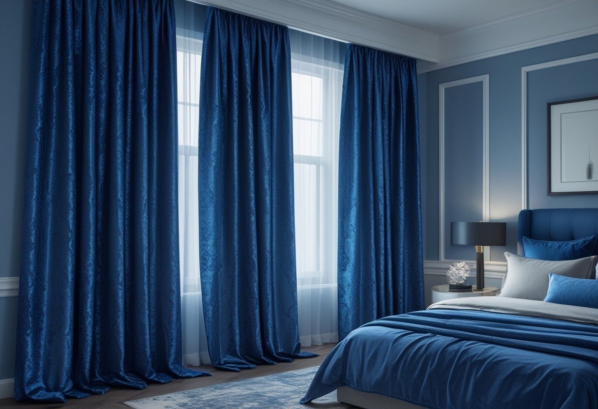 A bedroom with cobalt blue patterned curtains hanging by a window and a neatly made bed.