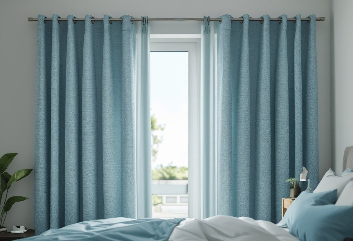 A bedroom with light aqua curtains partially open, letting in soft natural light over a bed with blue bedding.