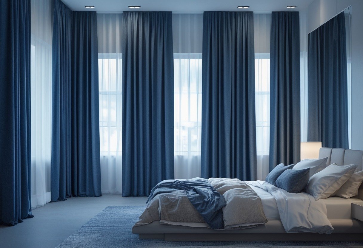 A bedroom with midnight blue floor-to-ceiling curtains, a cozy bed, and natural light coming through a window.