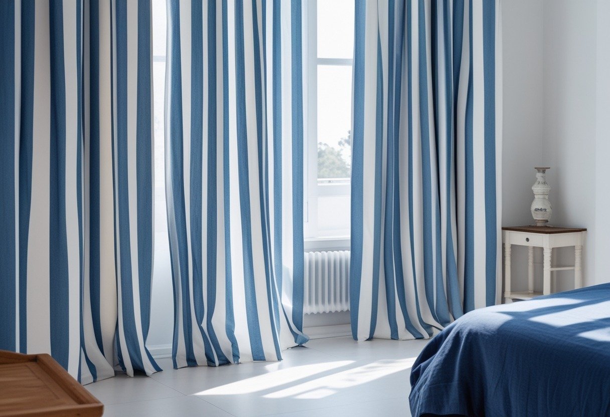 A bedroom with blue and white striped curtains hanging by a window, a bed, and a bedside table.