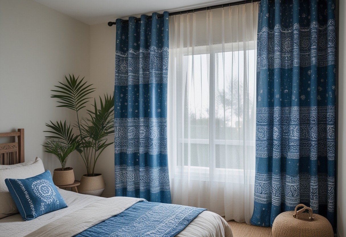 A bedroom with a bed near a large window covered by blue patterned curtains, natural wood furniture, and plants.