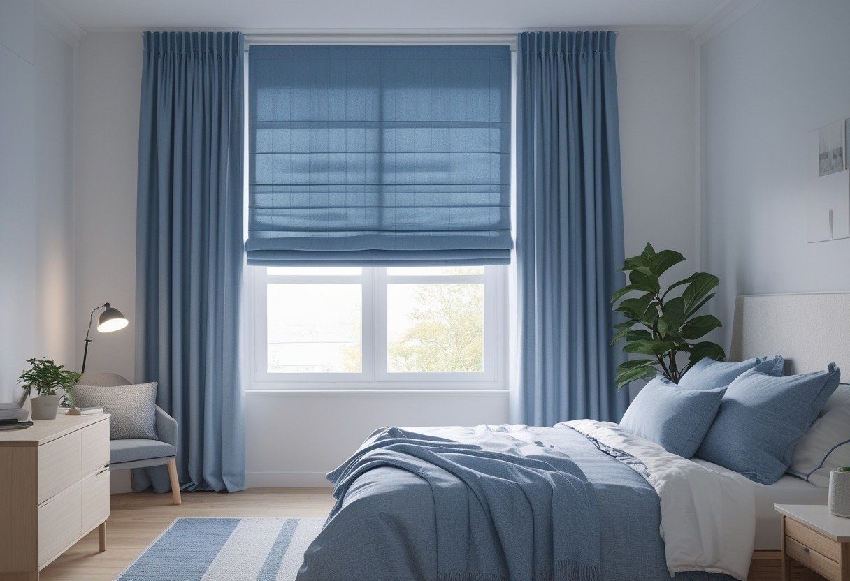 A bedroom with blue Roman shades and matching curtains on a large window, a neatly made bed, and simple furniture.