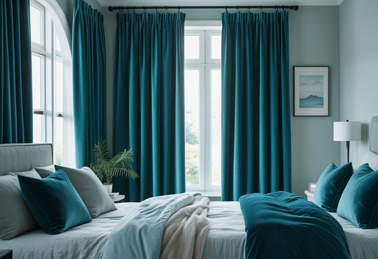 A bedroom with teal velvet curtains hanging by large windows, a bed with blue bedding, a bedside table with a lamp, and soft natural light filling the room.