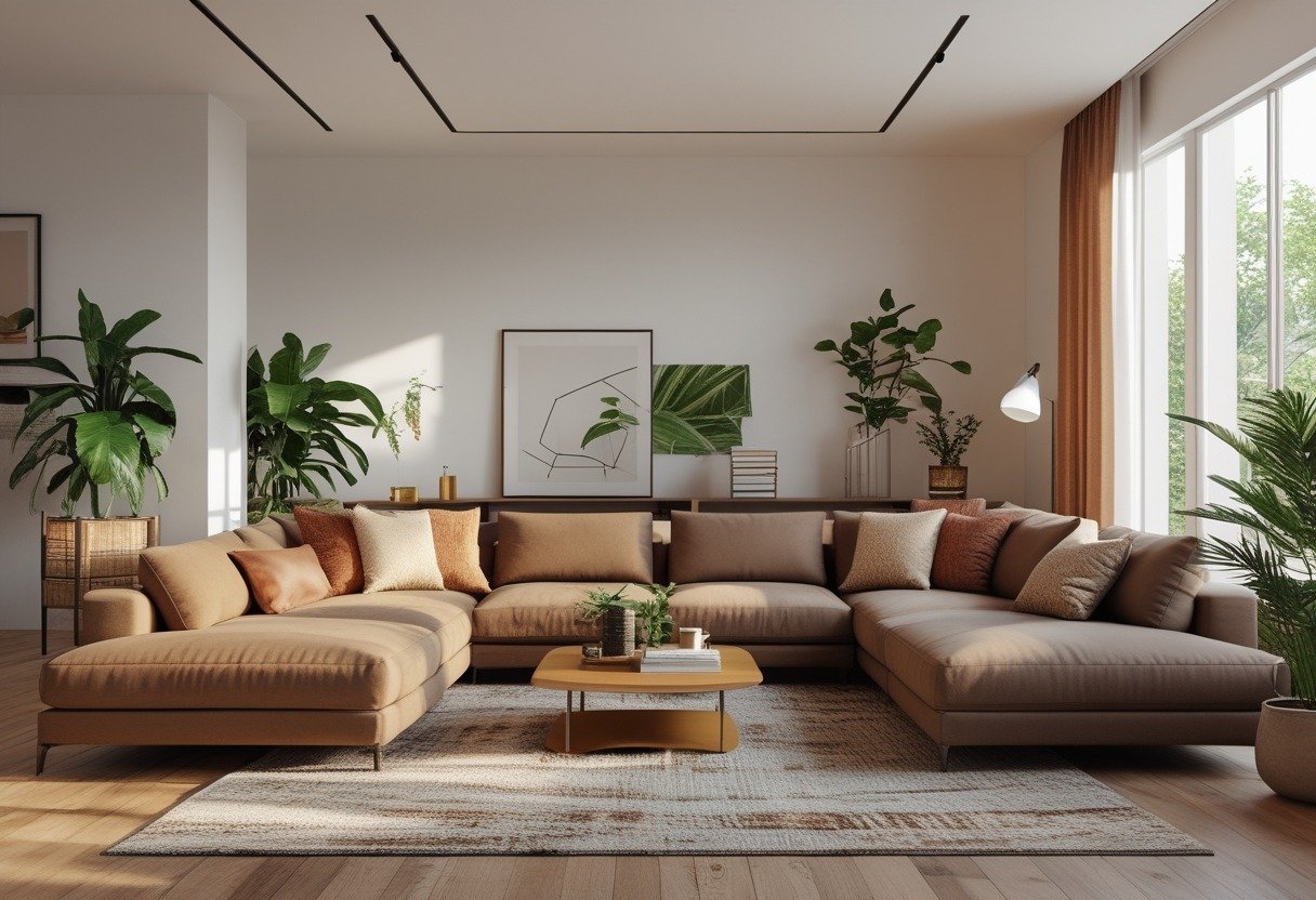 A living room with a large brown couch, coffee table, plants, and decorative shelves.
