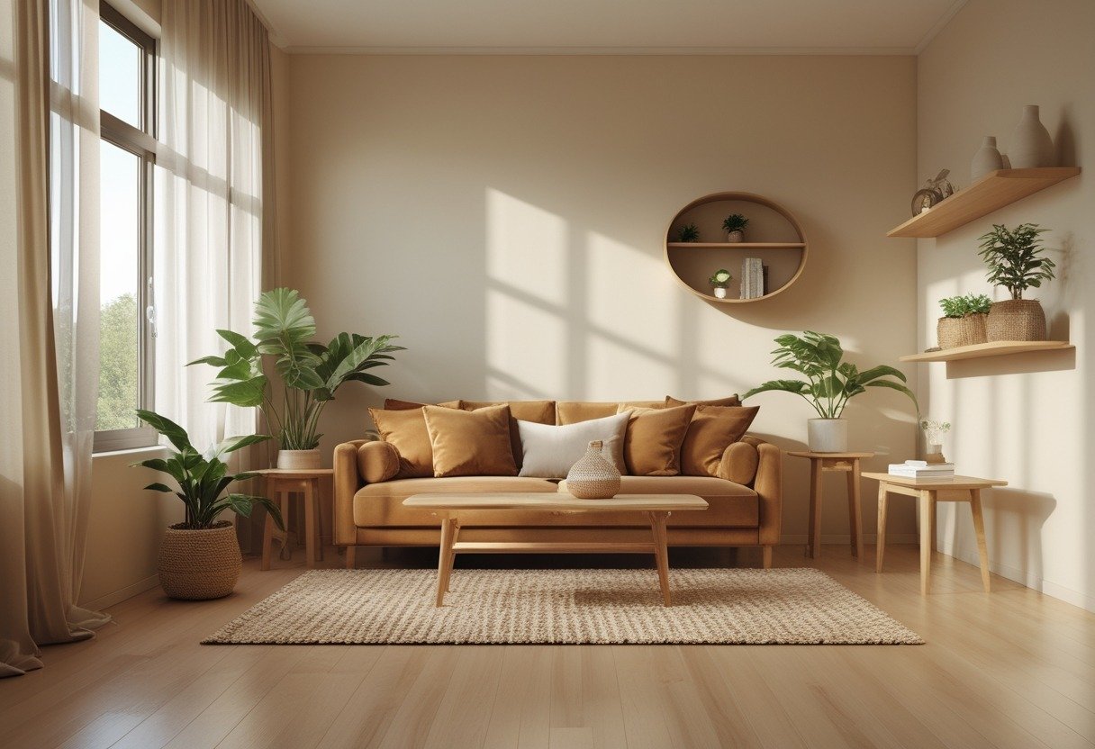 Living room with a caramel brown couch, ivory walls, natural wood furniture, and soft lighting.