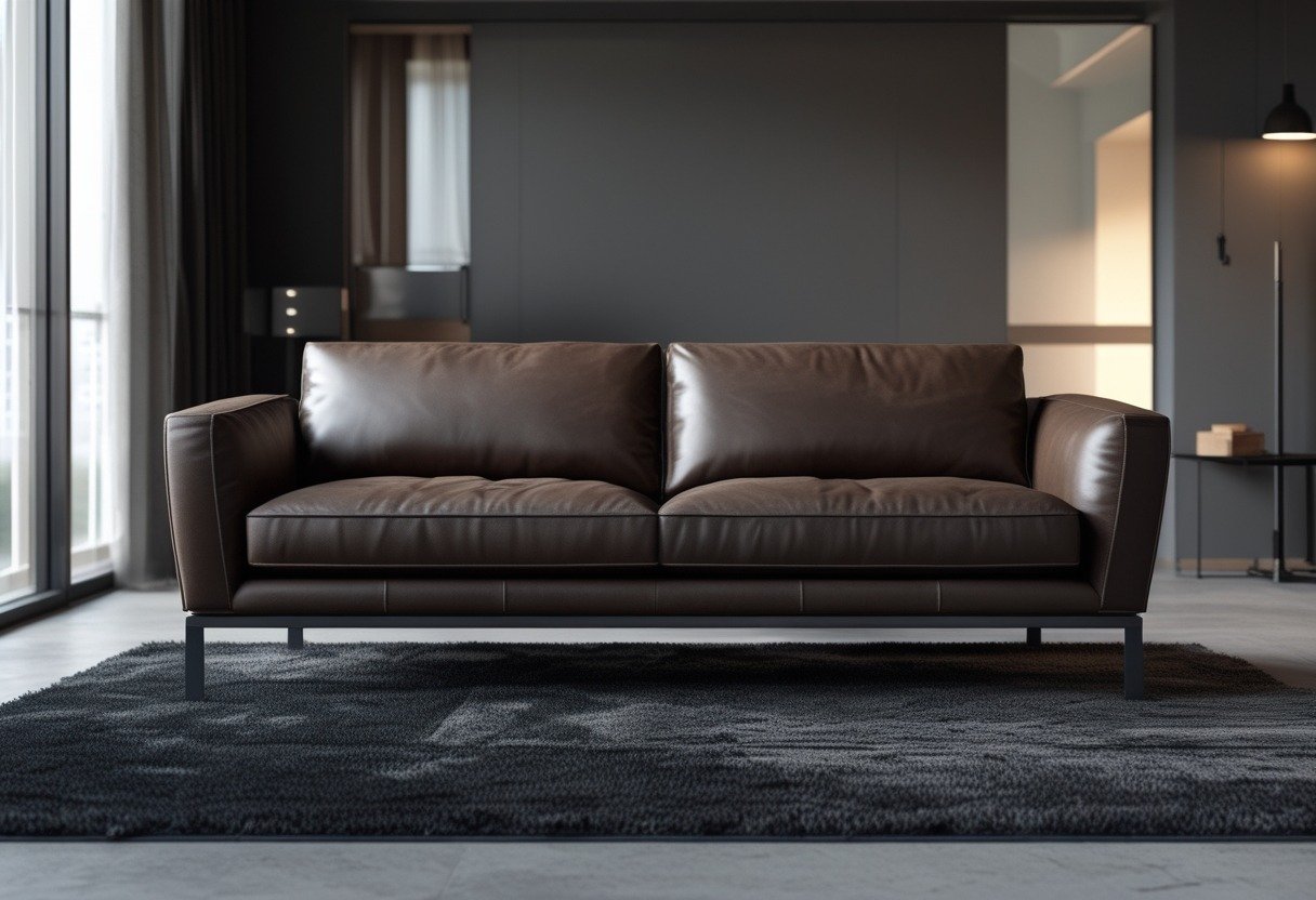 A living room with a chocolate brown leather sofa on a charcoal gray rug.