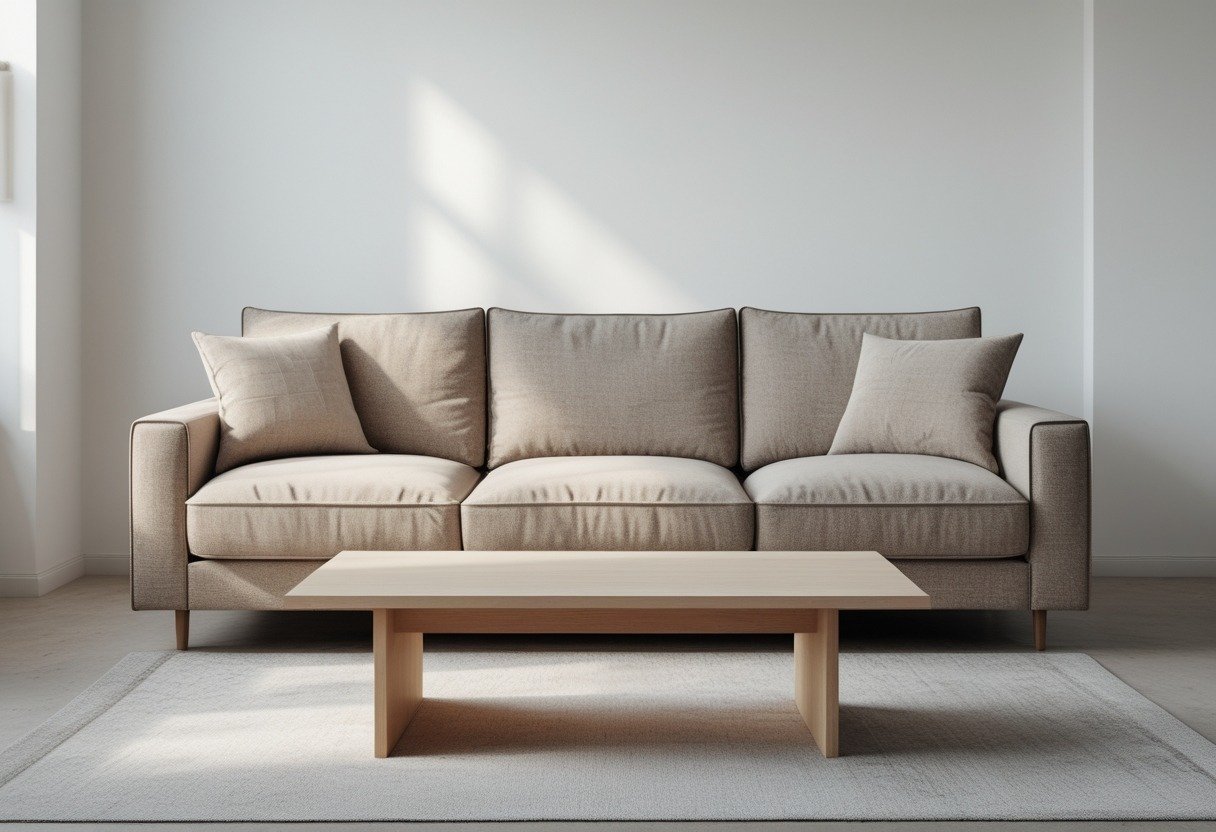 Living room with a light brown sofa, white walls, and a pale oak coffee table