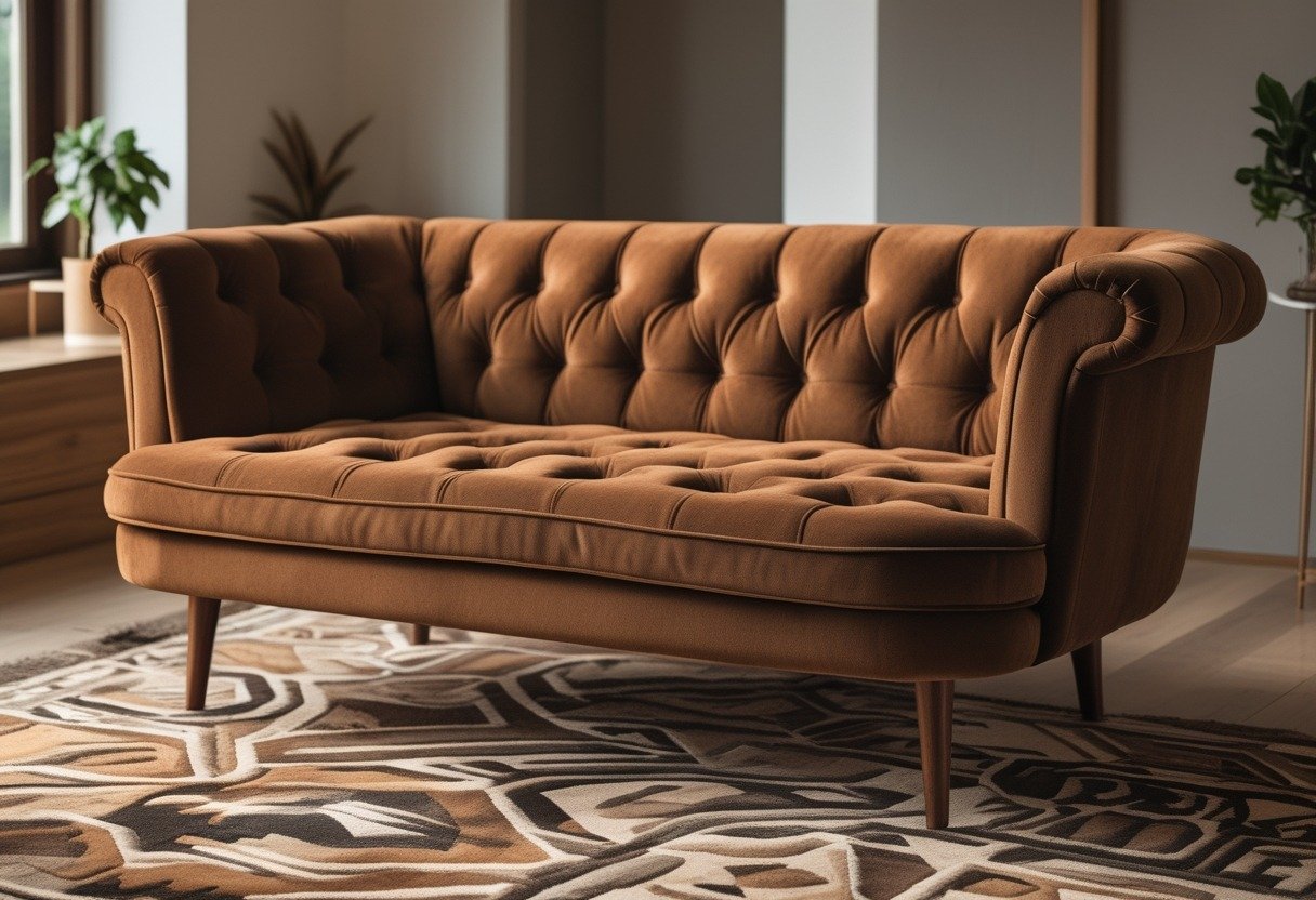A living room with a brown tufted sofa on a geometric rug, with a side table and plant nearby.