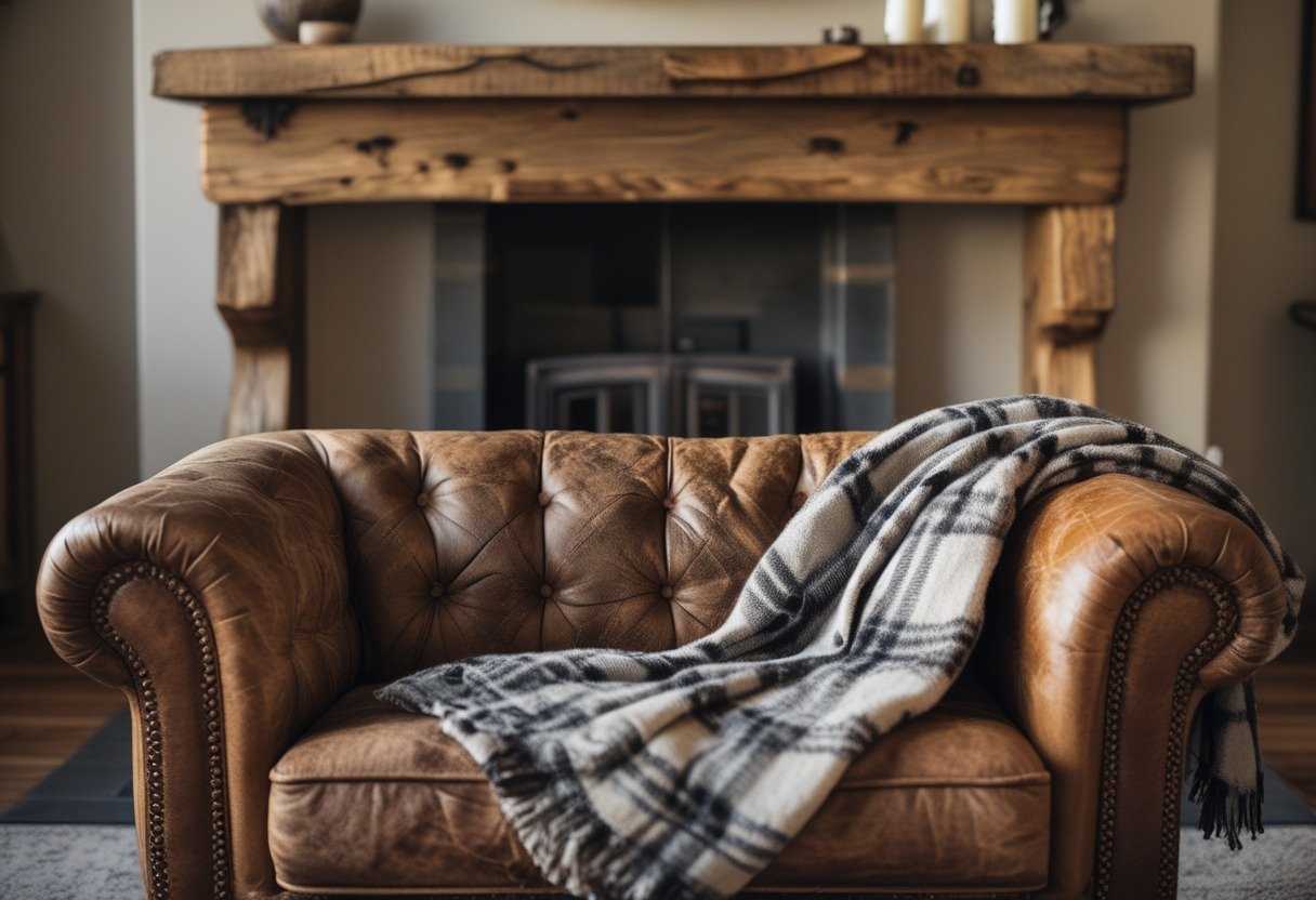 A living room with a brown leather couch, plaid throw blanket, and a wooden mantel above a fireplace.