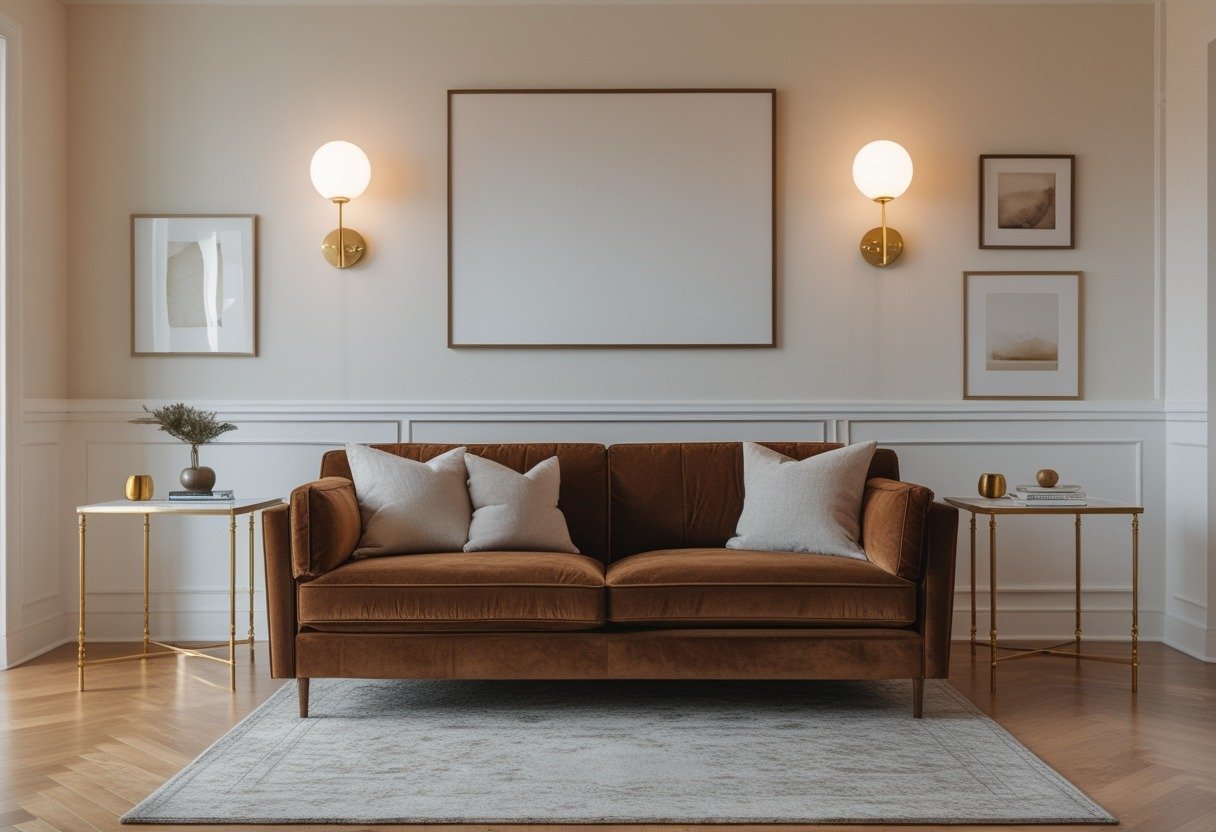Living room with a brown velvet sofa, brass side tables, and warm gold lighting.