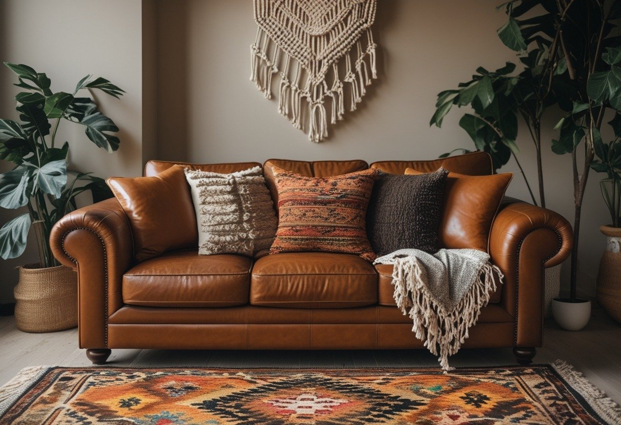 A living room with a brown leather couch, a decorative wall hanging behind it, and a patterned rug on the floor.