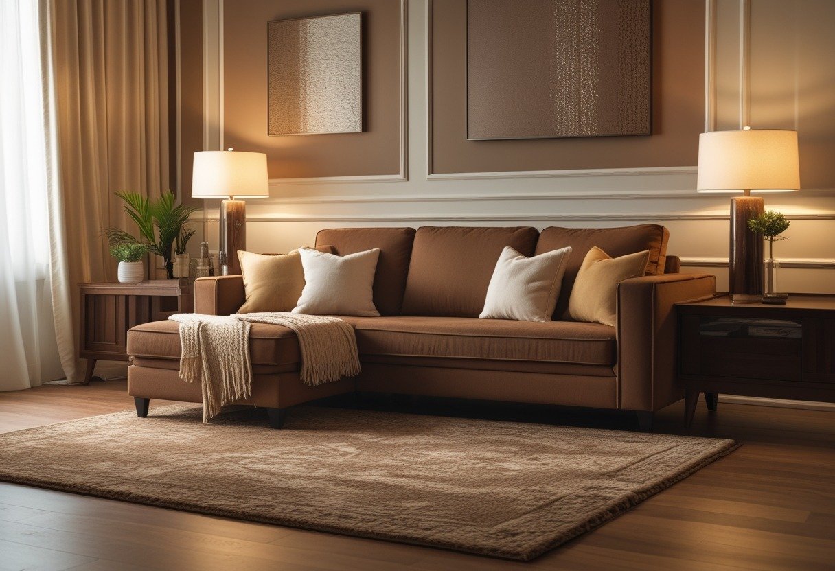A cozy living room with a brown couch, cream pillows, wooden furniture, and warm lighting.