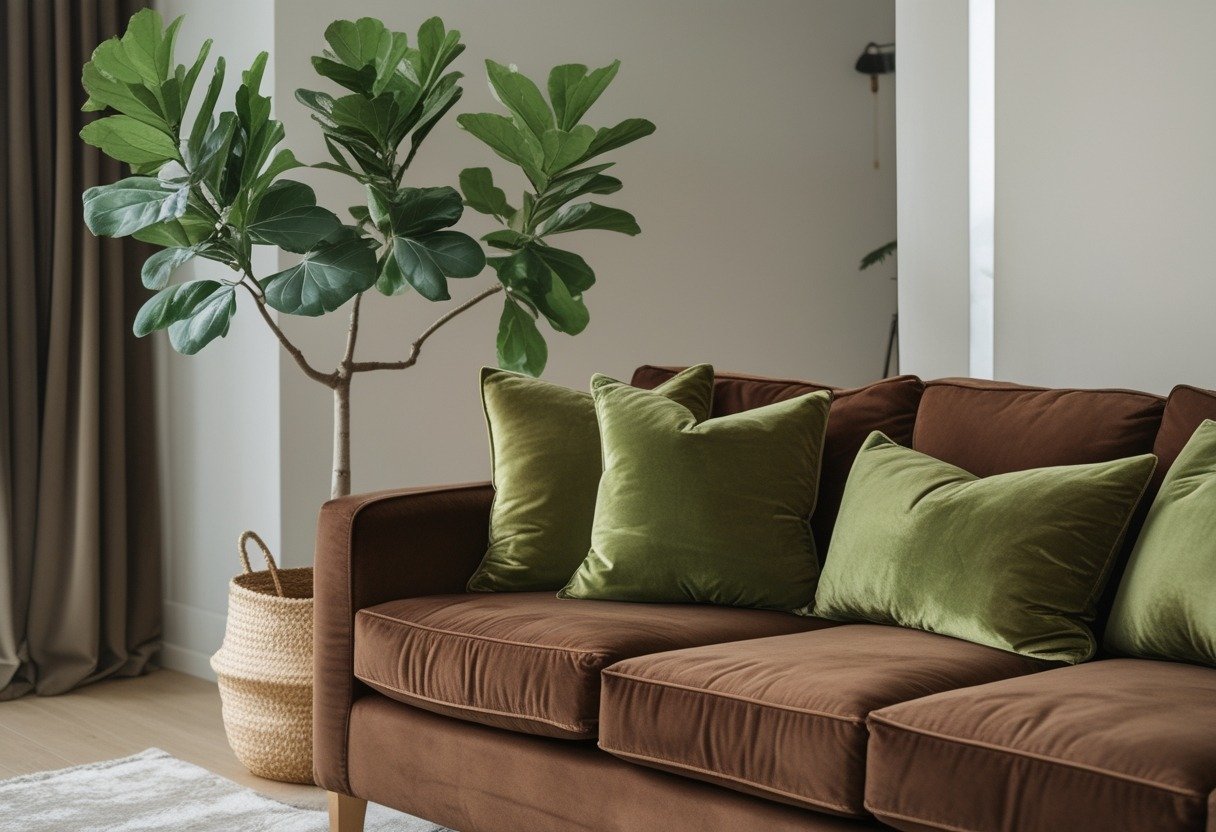 Living room with a brown sofa, olive-green velvet pillows, and a large potted fiddle-leaf fig plant nearby.