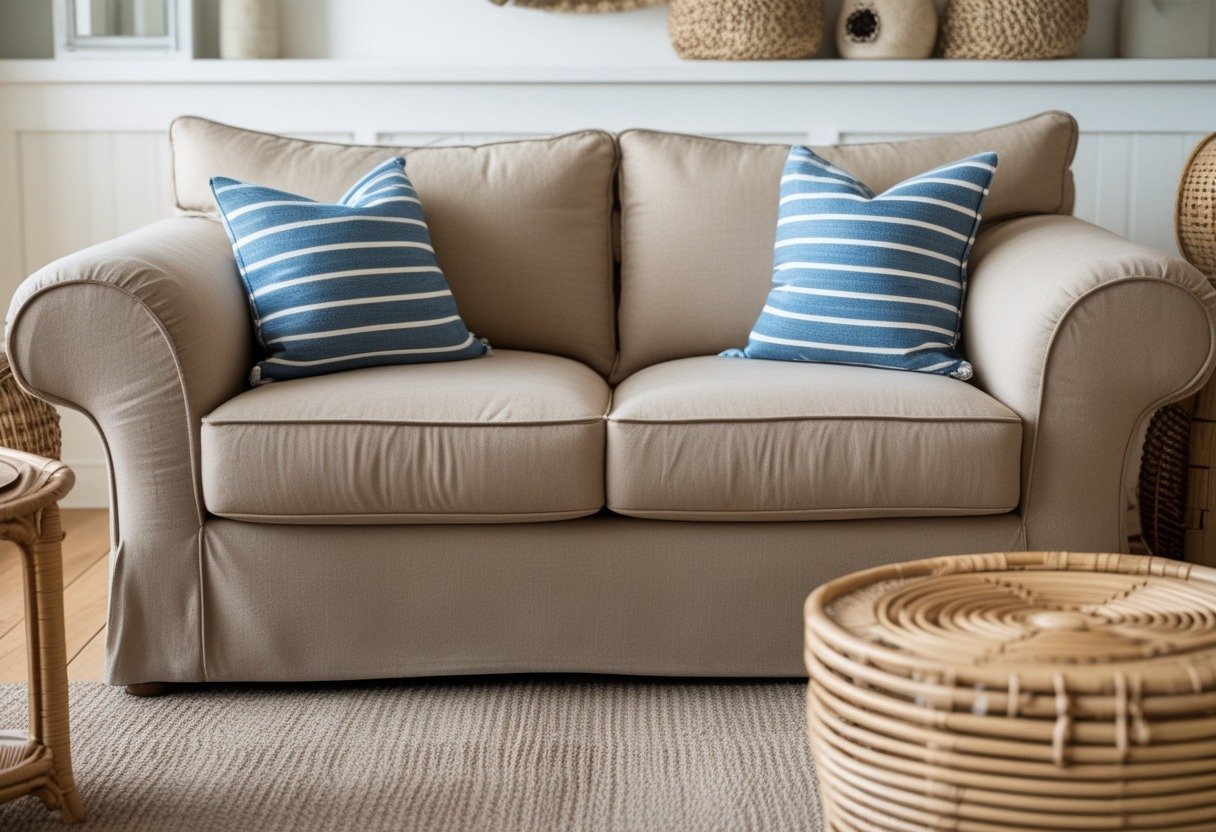Living room with a sandy-brown couch, blue striped pillows, and rattan furniture.