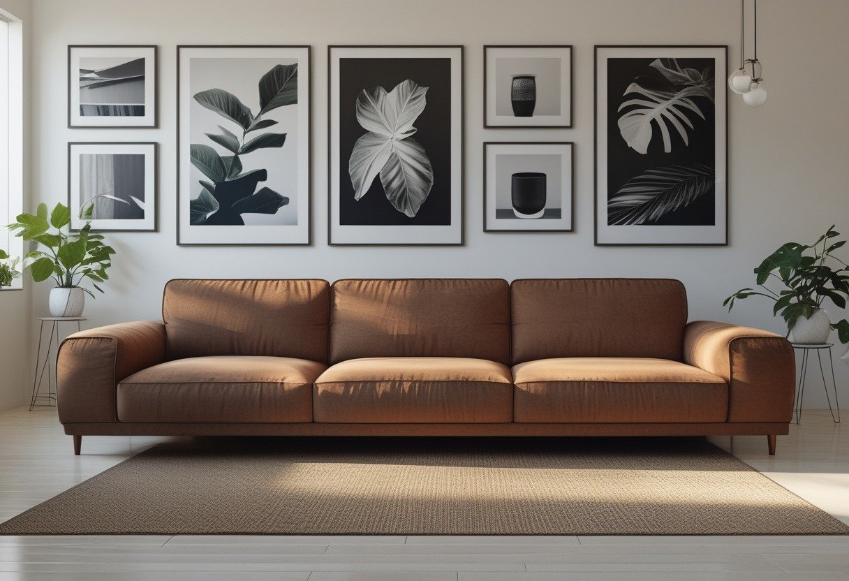 Living room with a large brown sofa in front of a white wall displaying black-and-white photographs.