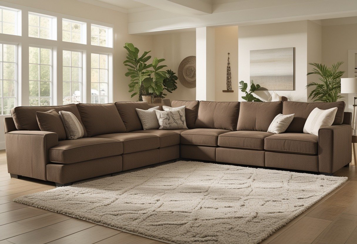 Living room with a large brown sectional sofa and natural light coming through windows, decorated with cushions, plants, and a rug.