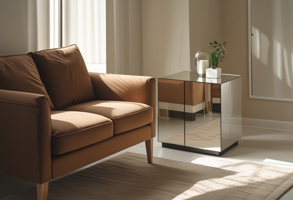 A small living room with a compact brown loveseat next to a mirrored side table reflecting light.
