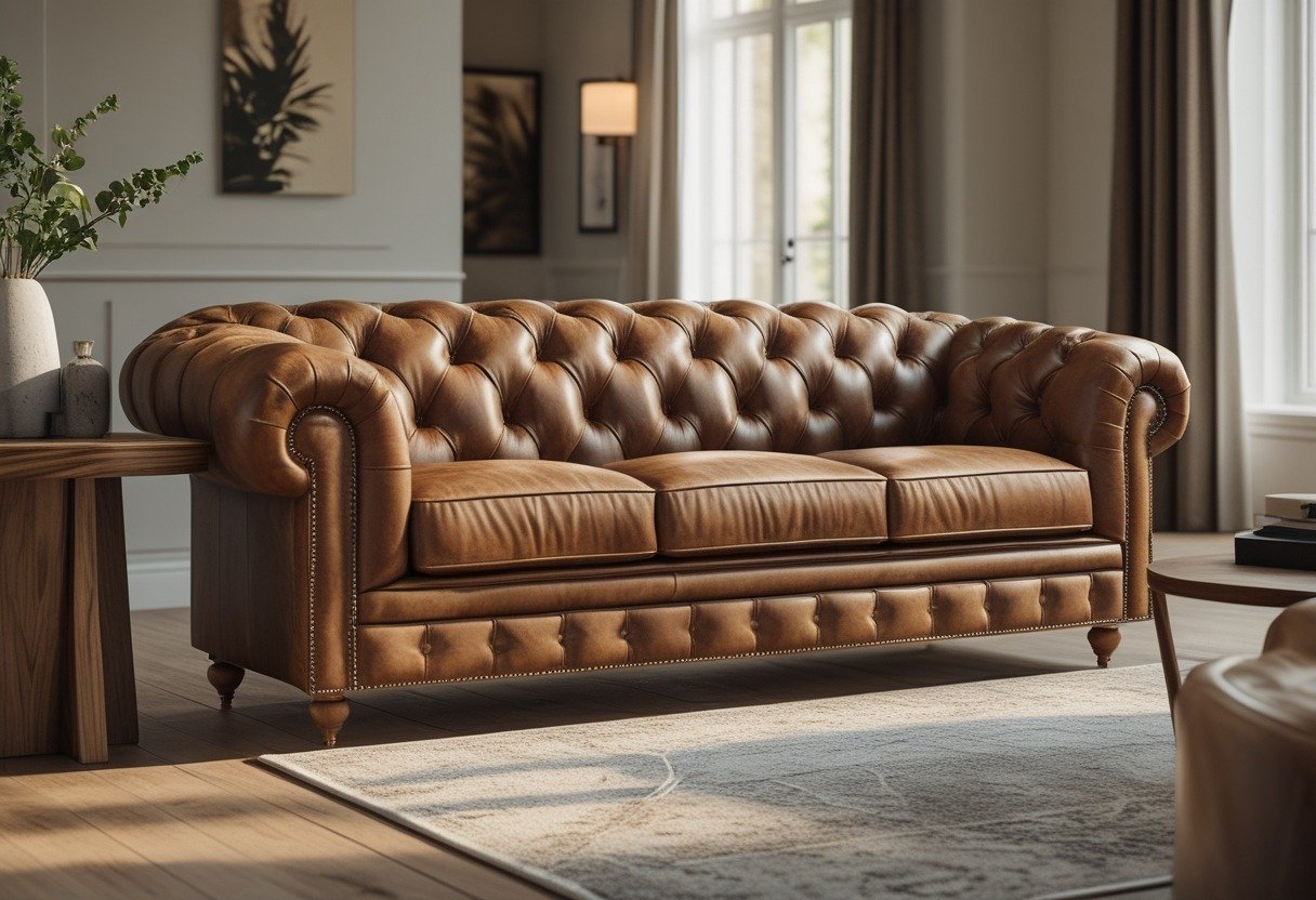 A brown leather Chesterfield sofa in the center of a living room with a coffee table, rug, plants, and natural light from windows.