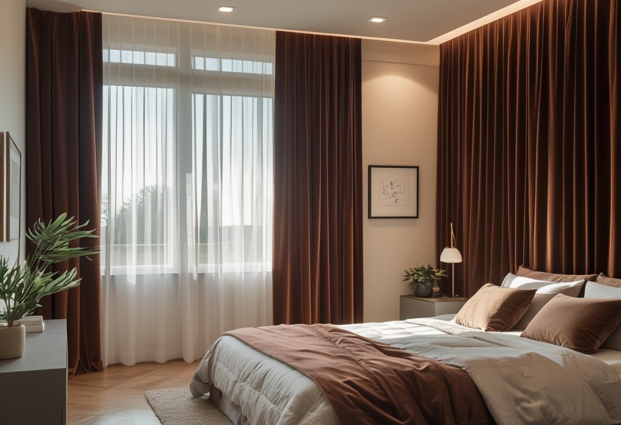 A bedroom with a large window covered by thick velvet curtains, a bed, a nightstand, and soft natural light coming through the window.