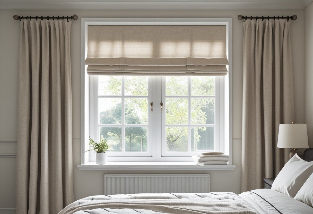A bedroom window with Roman fabric shades partially raised and tailored side panels, letting in natural light.