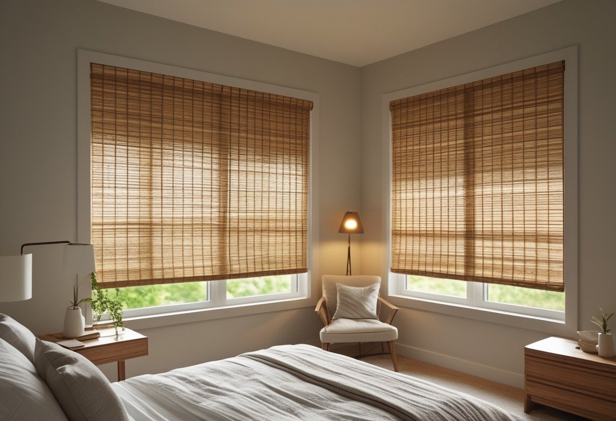 A bedroom with light-filtering bamboo shades covering a window, soft natural light coming through, and a neatly made bed nearby.