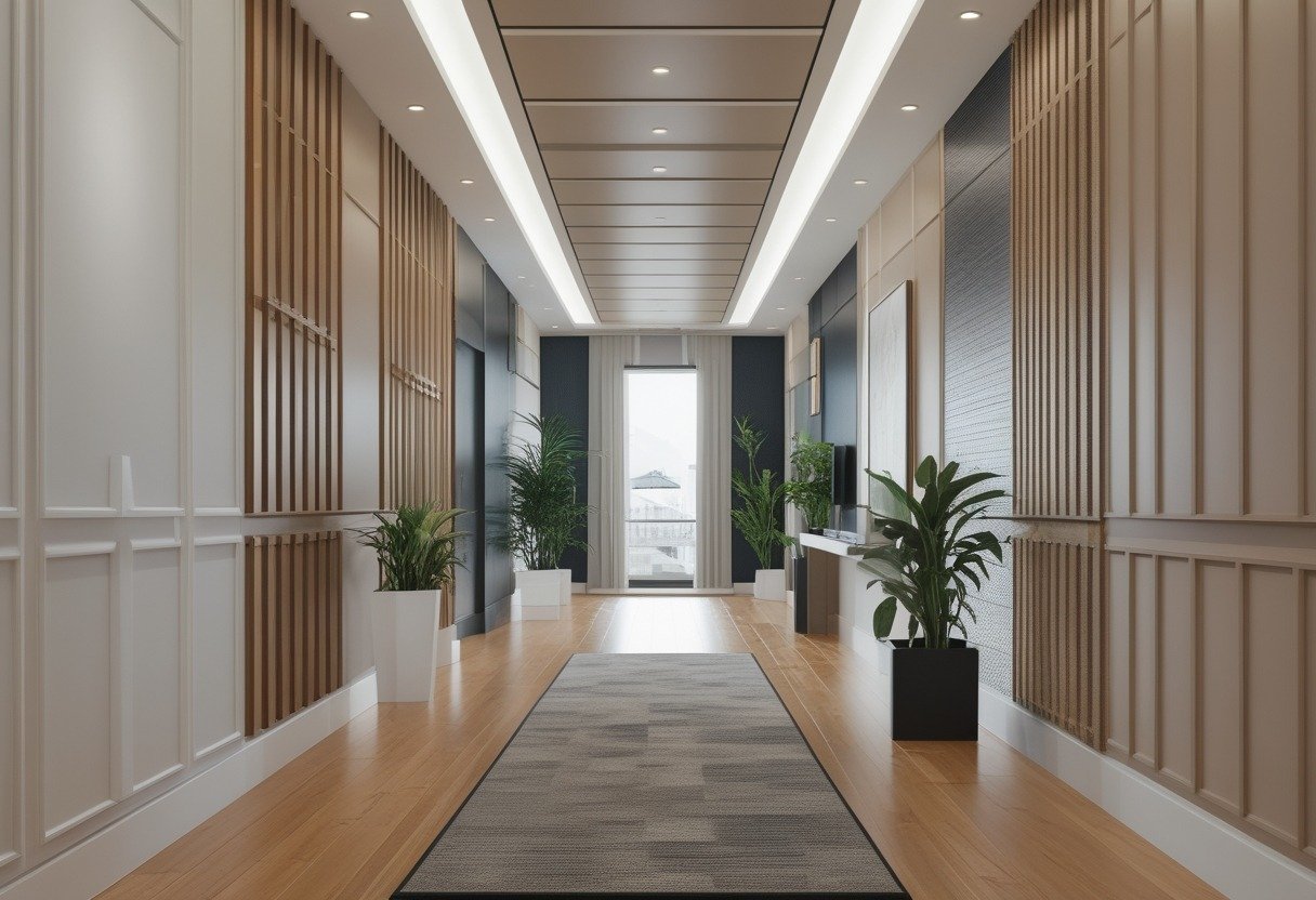 A well-lit hallway showcasing ten different styles of wall paneling along the walls with polished hardwood flooring and minimal decorations.