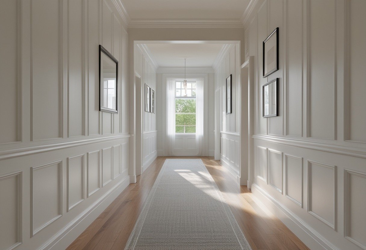 A bright hallway with wooden paneling along the lower walls and polished hardwood floors.