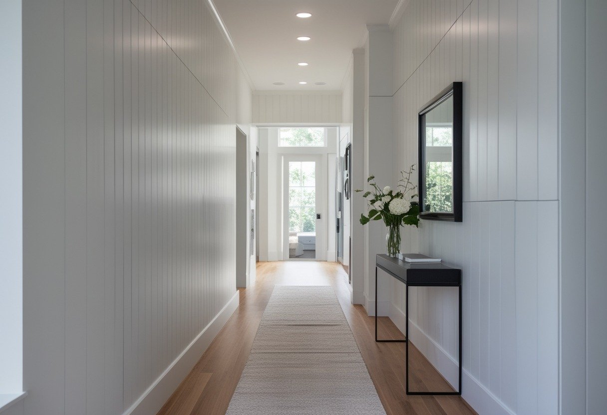 A bright hallway with full-height shiplap panelling painted in a contrasting color, hardwood floor, and simple decor including a console table with flowers and a mirror.
