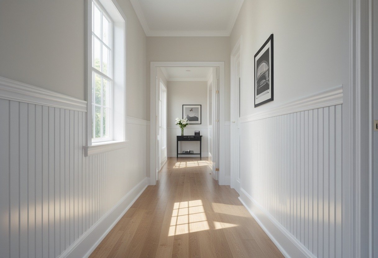 A bright hallway with white beadboard half-panels and a picture rail along the walls, hardwood floor, and simple decor including a small table with flowers and framed artwork.