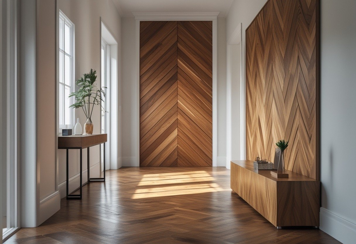 A hallway with a chevron wood panelling feature wall, polished hardwood floor, and a small console table with a plant.