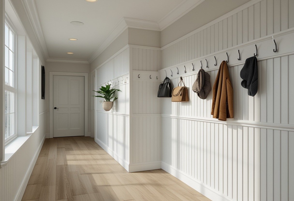Hallway with white half-height beadboard paneling, a gallery rail with hooks holding coats and bags, and hardwood flooring.