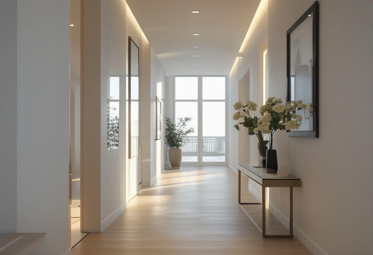 A long narrow hallway with a full-length mirror opposite a window reflecting natural light, wooden floor, and simple decor.