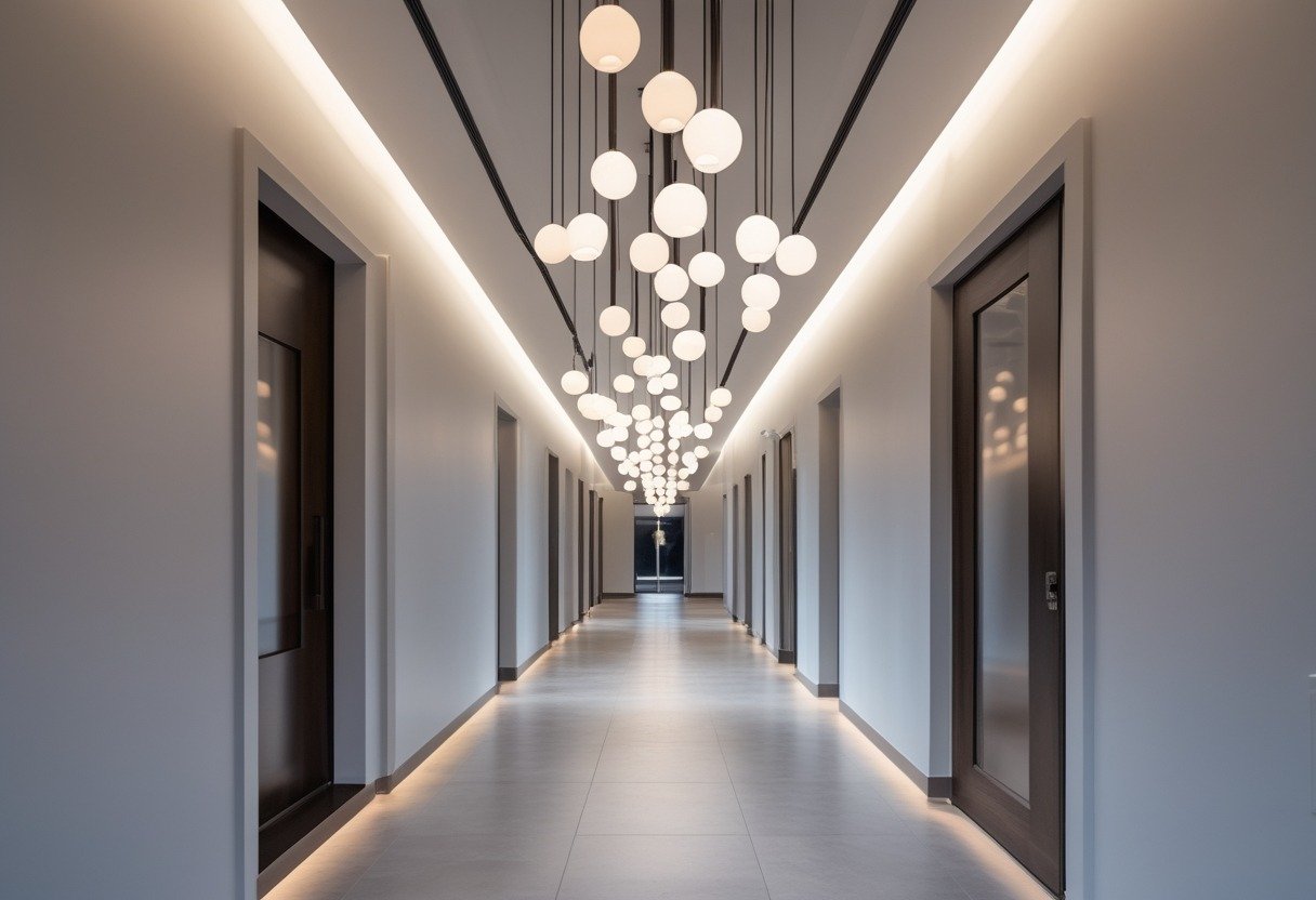 A long narrow hallway with staggered hanging pendant lights along the ceiling.