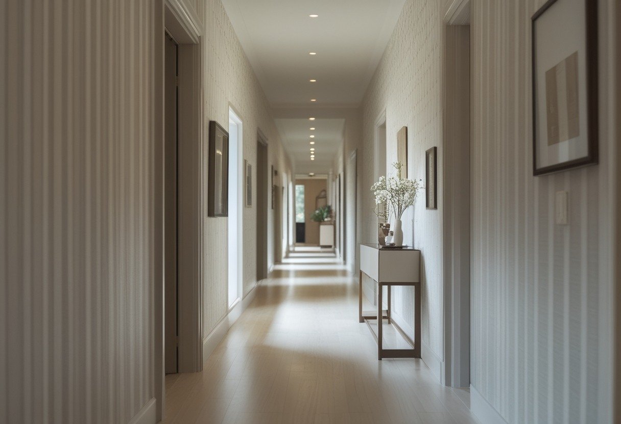 A long, narrow hallway decorated with wallpaper featuring vertical or small-scale patterns, with a polished floor and minimal decor.
