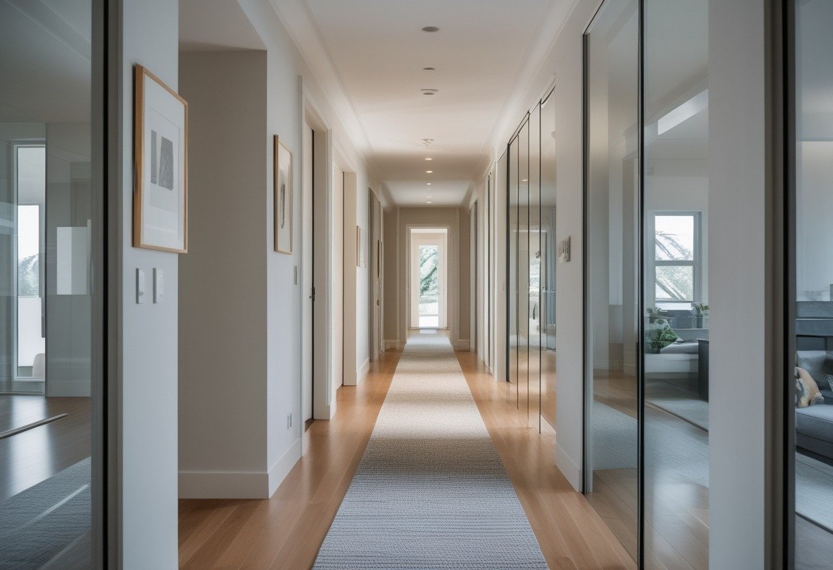 Long narrow hallway with glass internal doors allowing views into adjacent rooms, featuring neutral walls and hardwood floors.